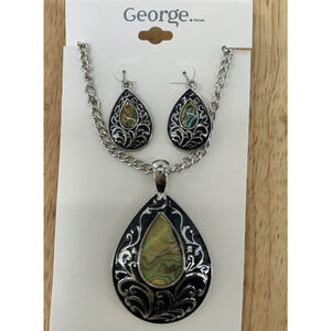 George Antique Silver Teardrop Abalone Earrings Necklace Set Fashion Jewelry NEW
